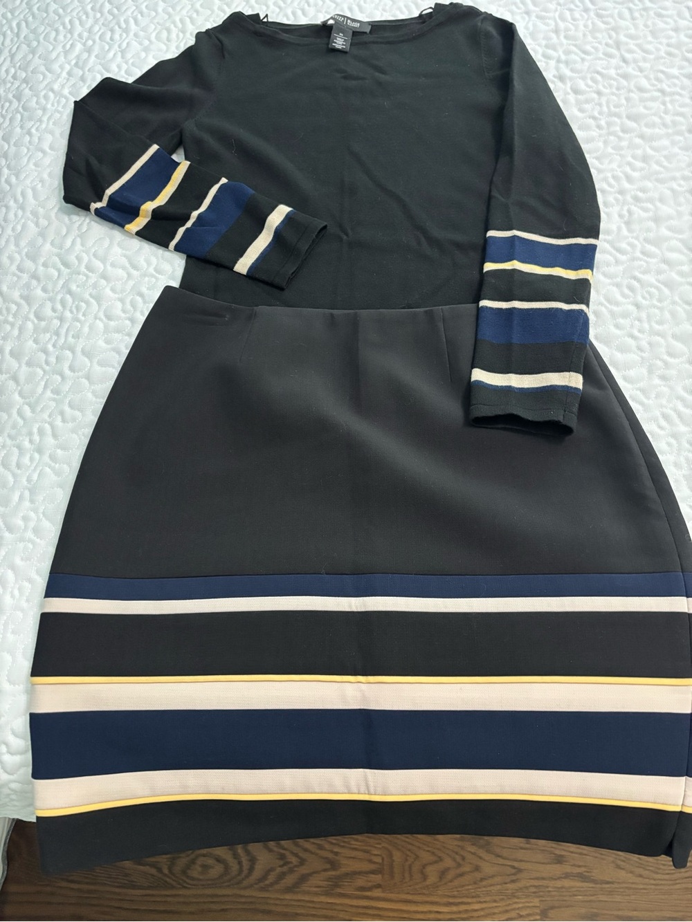 Women’s Black Skirt with Navy, Cream & Yellow Accents and two matching sweaters